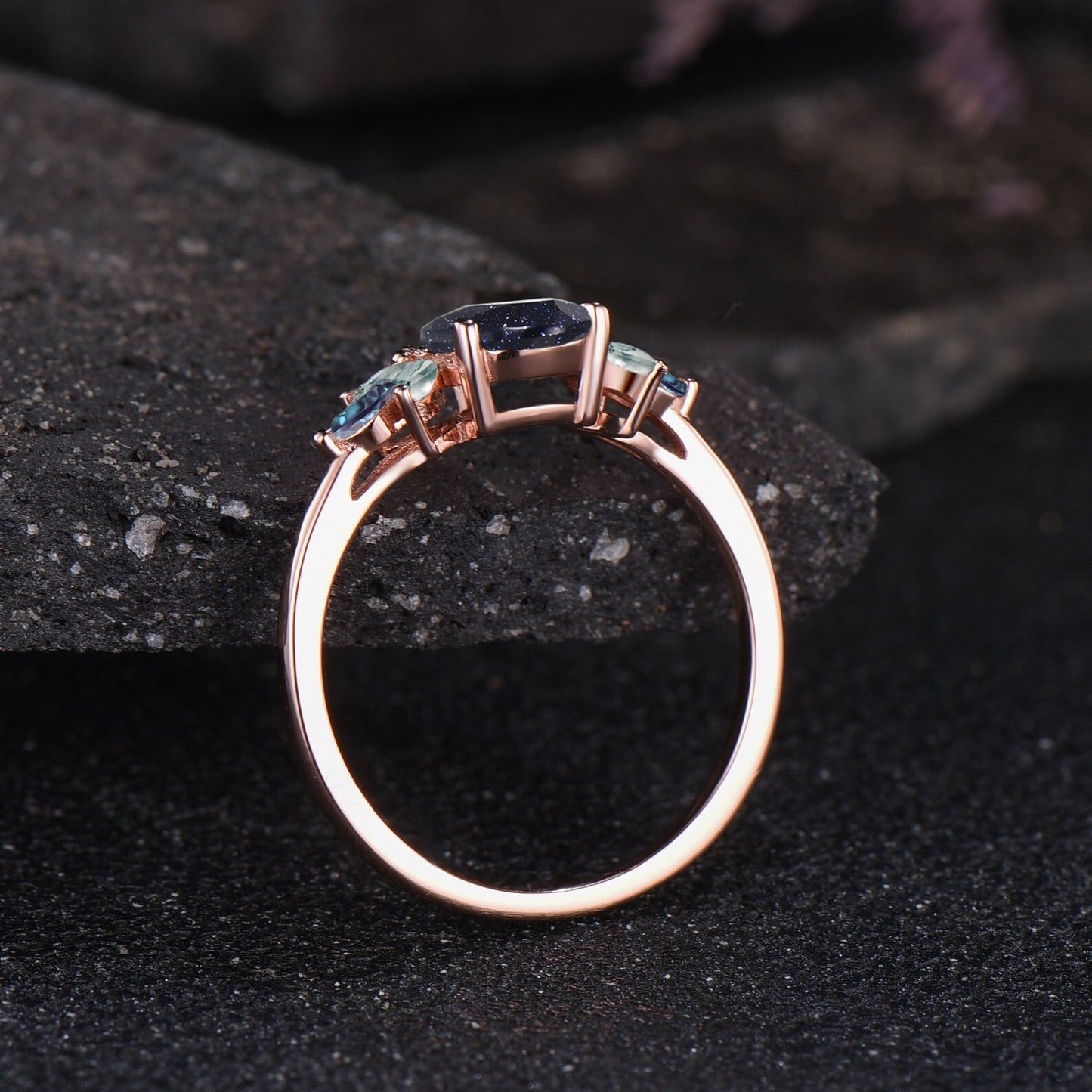 Unique Galaxy Healing Oval Cut Blue Sandstone Engagement Ring Moss Agate Wedding Ring Vintage 14k Rose Gold June Birthstone Alexandrite Ring