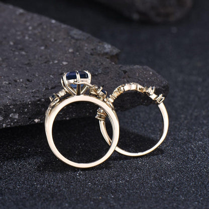 Leaf Nature Inspired Ring Unique Round Cut June Birthstone Alexandrite Engagement Ring Set Moissanite Moon Three Stone 2pcs Bridal Ring Set