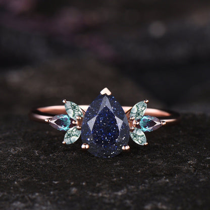 Unique Galaxy Healing Oval Cut Blue Sandstone Engagement Ring Moss Agate Wedding Ring Vintage 14k Rose Gold June Birthstone Alexandrite Ring