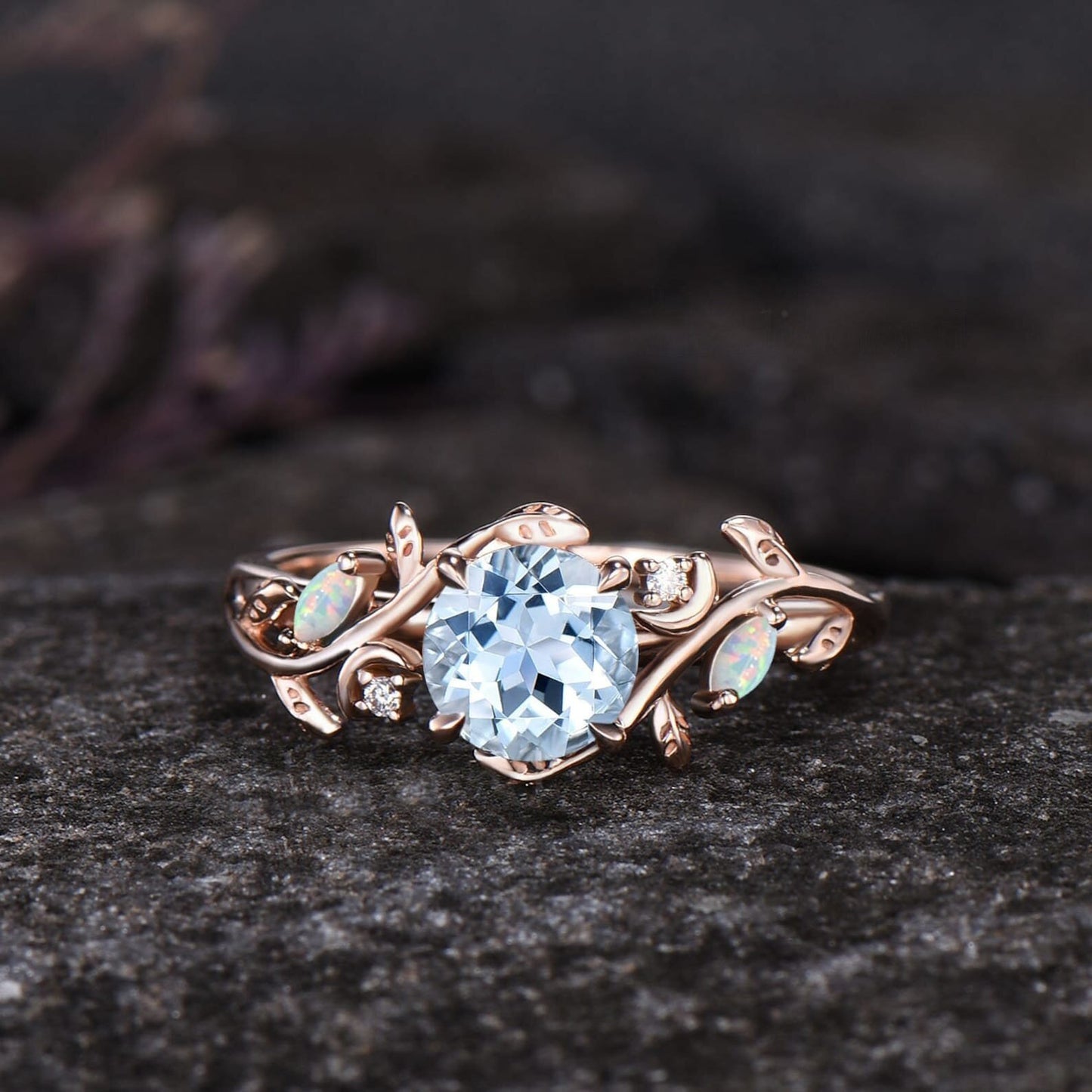 Unique Round Cut Natural Aquamarine Engagement Ring Set Art Deco Leaf Nature Inspired Ring Set 14k Rose Gold Opal Moissanite Moon Ring Women