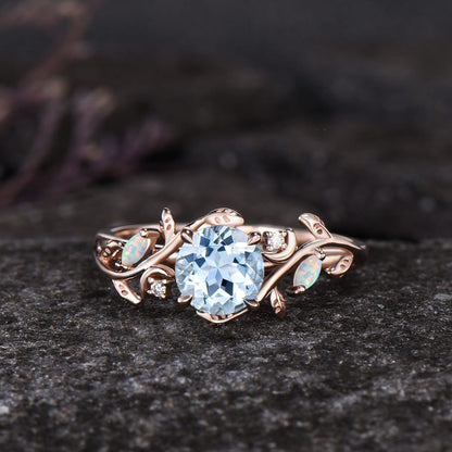 Unique Round Cut Natural Aquamarine Engagement Ring Set Art Deco Leaf Nature Inspired Ring Set 14k Rose Gold Opal Moissanite Moon Ring Women