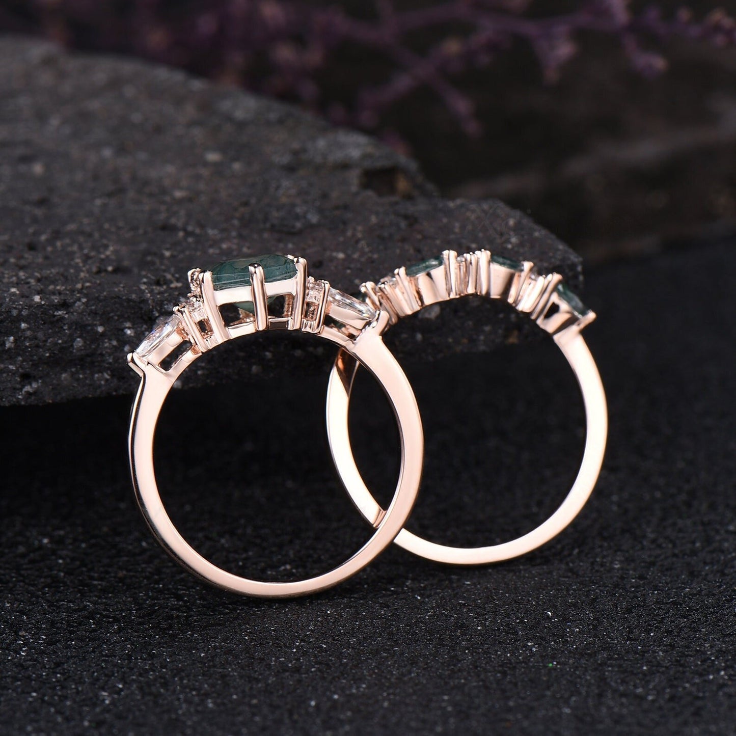 Unique Hexagon Cut Green Moss Agate Engagement Ring Set Vintage 14k Rose Gold Sterling Silver Moissanite Ring Art Deco 2pcs Bridal Ring Set
