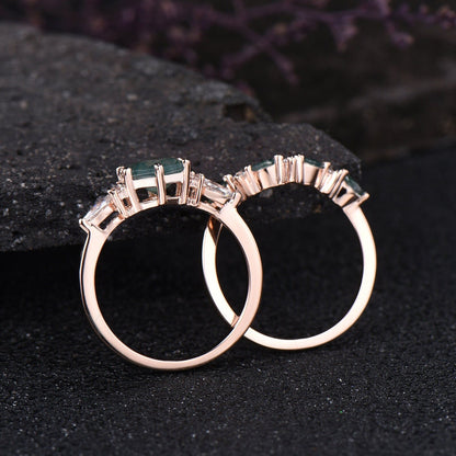 Unique Hexagon Cut Green Moss Agate Engagement Ring Set Vintage 14k Rose Gold Sterling Silver Moissanite Ring Art Deco 2pcs Bridal Ring Set
