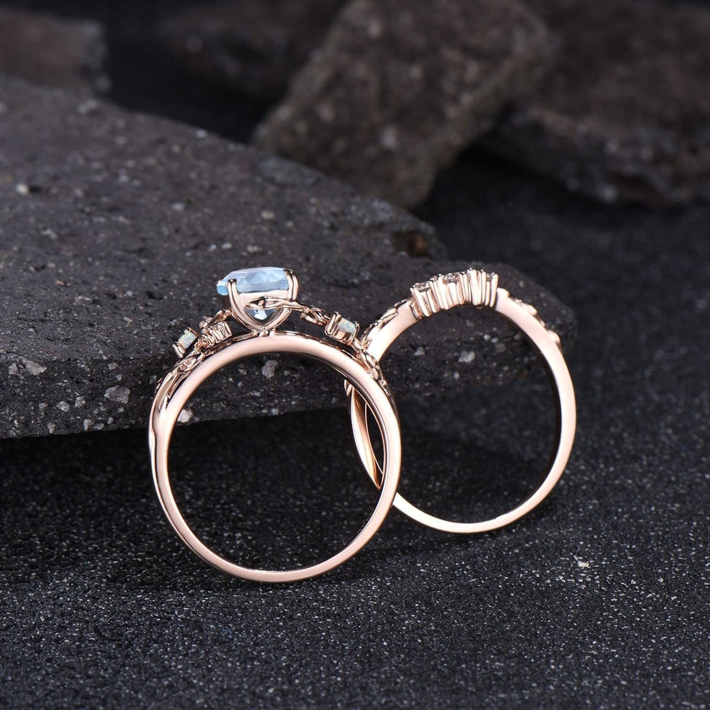 Unique Round Cut Natural Aquamarine Engagement Ring Set Art Deco Leaf Nature Inspired Ring Set 14k Rose Gold Opal Moissanite Moon Ring Women