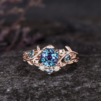 Leaf Nature Inspired Ring Unique Round Cut June Birthstone Alexandrite Engagement Ring Set Moissanite Moon Three Stone 2pcs Bridal Ring Set