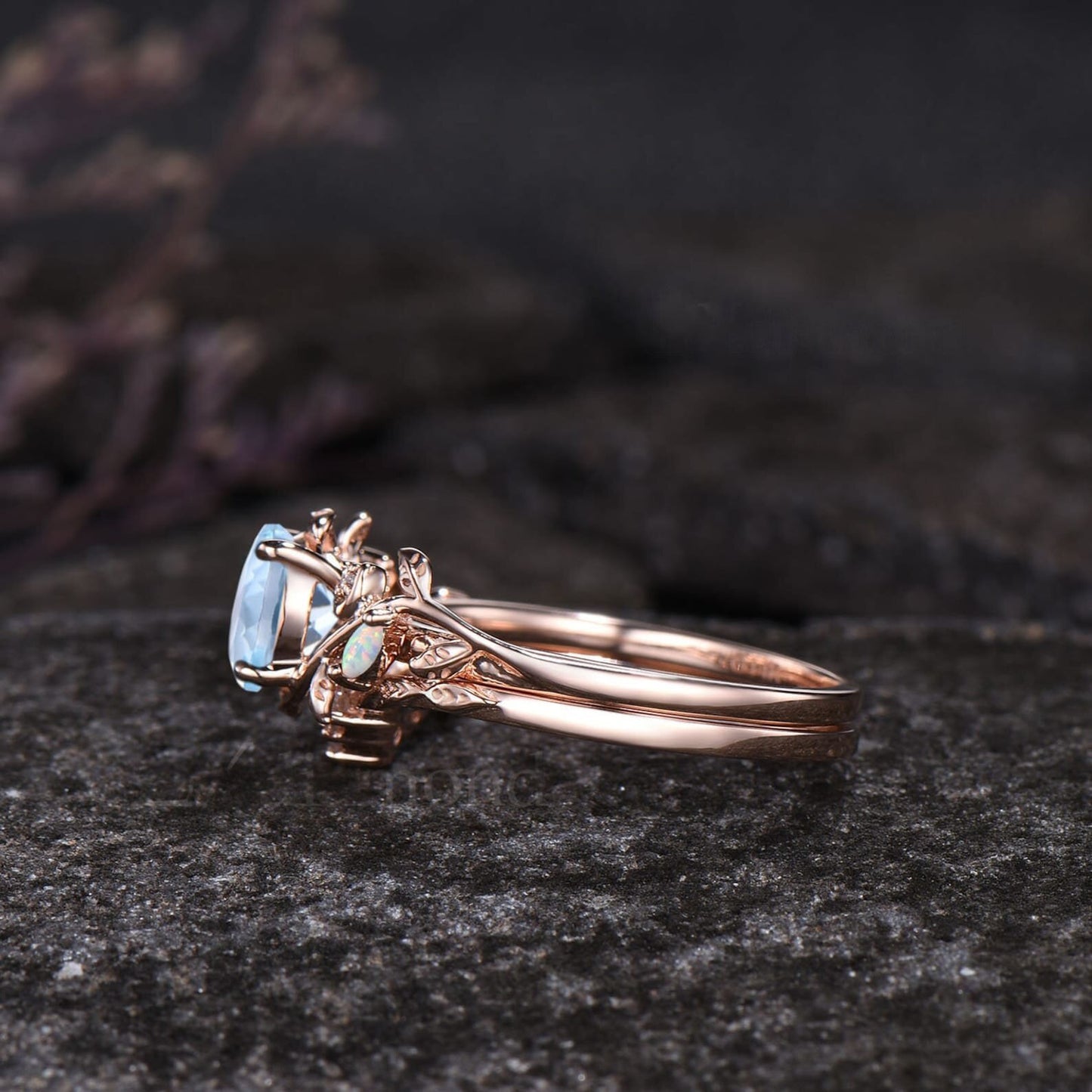 Unique Round Cut Natural Aquamarine Engagement Ring Set Art Deco Leaf Nature Inspired Ring Set 14k Rose Gold Opal Moissanite Moon Ring Women
