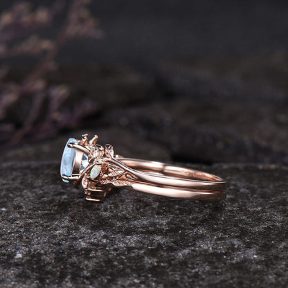 Unique Round Cut Natural Aquamarine Engagement Ring Set Art Deco Leaf Nature Inspired Ring Set 14k Rose Gold Opal Moissanite Moon Ring Women