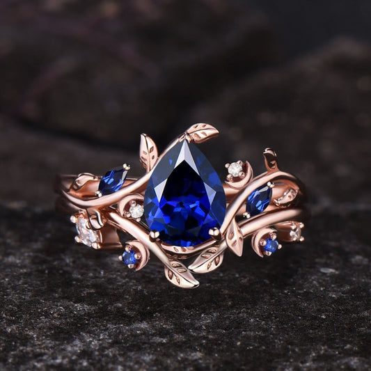 Unique Pear Cut Blue Sapphire Engagement Ring Set Delicate September Birthstone Blue Gemstone Ring Leaf Nature Inspired Ring Moon Ring Women