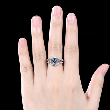 Leaf Nature Inspired Ring Unique Round Cut June Birthstone Alexandrite Engagement Ring Set Moissanite Moon Three Stone 2pcs Bridal Ring Set