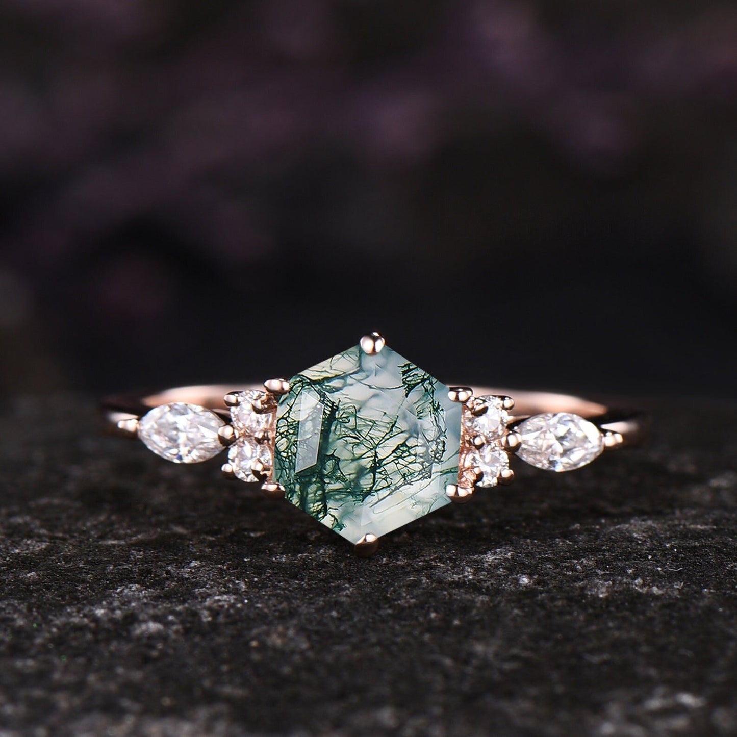Unique Hexagon Cut Green Moss Agate Engagement Ring Set Vintage 14k Rose Gold Sterling Silver Moissanite Ring Art Deco 2pcs Bridal Ring Set