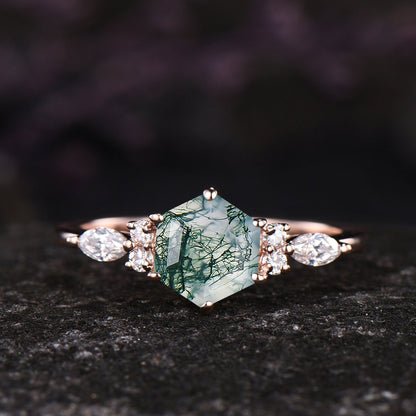Unique Hexagon Cut Green Moss Agate Engagement Ring Set Vintage 14k Rose Gold Sterling Silver Moissanite Ring Art Deco 2pcs Bridal Ring Set
