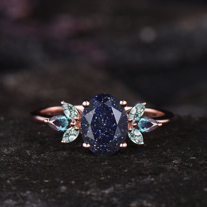 Unique Galaxy Healing Oval Cut Blue Sandstone Engagement Ring Moss Agate Wedding Ring Vintage 14k Rose Gold June Birthstone Alexandrite Ring