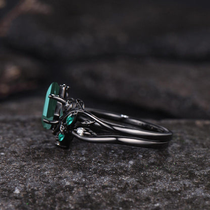 Unique Kite Cut Emerald Engagement Ring Set Art Deco Moon Ring Leaf Nature Inspired Ring 14k Black Gold May Birthstone 2pcs Bridal Ring Set