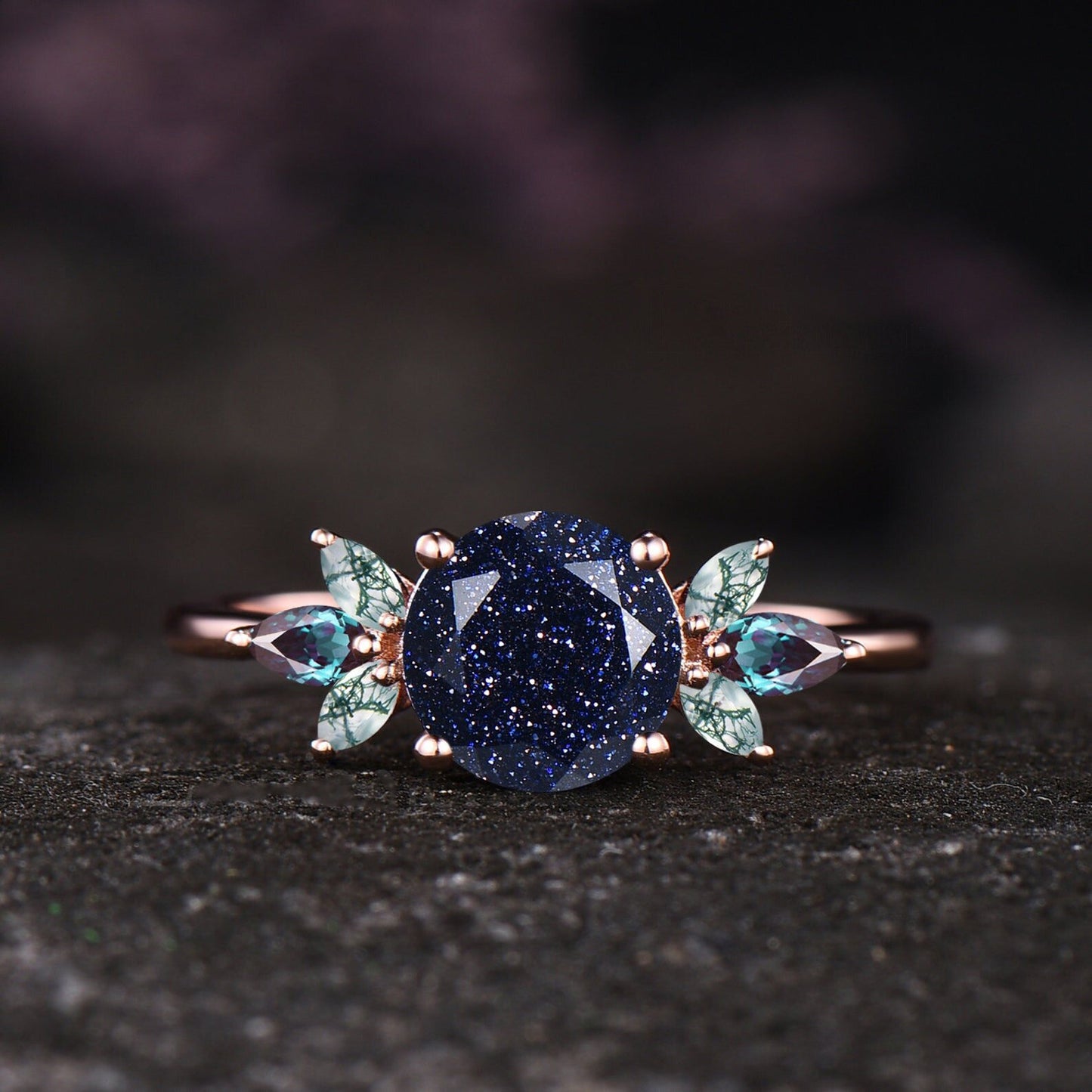 Unique Galaxy Healing Oval Cut Blue Sandstone Engagement Ring Moss Agate Wedding Ring Vintage 14k Rose Gold June Birthstone Alexandrite Ring