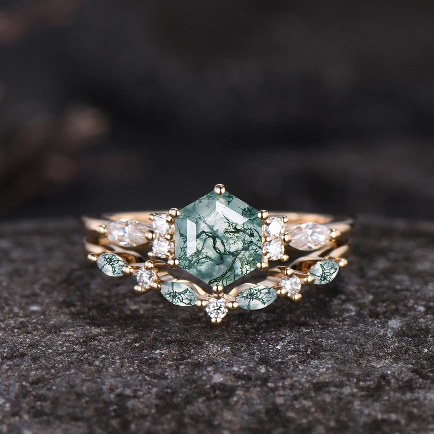 Unique Hexagon Cut Green Moss Agate Engagement Ring Set Vintage 14k Rose Gold Sterling Silver Moissanite Ring Art Deco 2pcs Bridal Ring Set