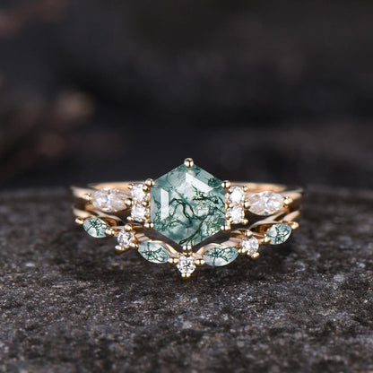 Unique Hexagon Cut Green Moss Agate Engagement Ring Set Vintage 14k Rose Gold Sterling Silver Moissanite Ring Art Deco 2pcs Bridal Ring Set