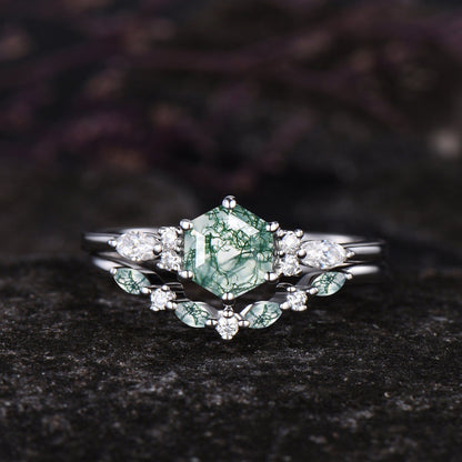 Unique Hexagon Cut Green Moss Agate Engagement Ring Set Vintage 14k Rose Gold Sterling Silver Moissanite Ring Art Deco 2pcs Bridal Ring Set