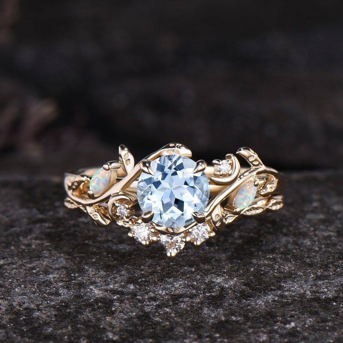 Unique Round Cut Natural Aquamarine Engagement Ring Set Art Deco Leaf Nature Inspired Ring Set 14k Rose Gold Opal Moissanite Moon Ring Women