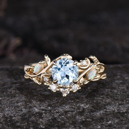 Unique Round Cut Natural Aquamarine Engagement Ring Set Art Deco Leaf Nature Inspired Ring Set 14k Rose Gold Opal Moissanite Moon Ring Women