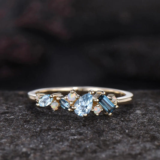 Unique Baguette Cut London Blue Topaz Wedding Band Women Minimalist Pear Aquamarine Opal Cluster Ring Delicate 14k Yellow Gold Bridal Gift