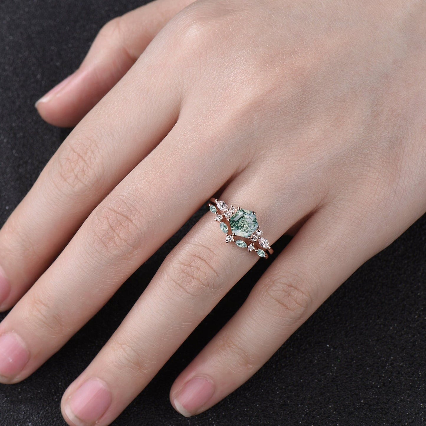 Unique Hexagon Cut Green Moss Agate Engagement Ring Set Vintage 14k Rose Gold Sterling Silver Moissanite Ring Art Deco 2pcs Bridal Ring Set