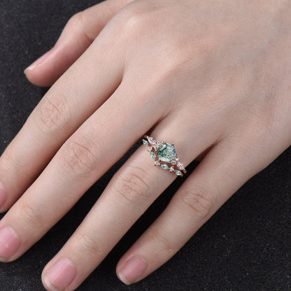 Unique Hexagon Cut Green Moss Agate Engagement Ring Set Vintage 14k Rose Gold Sterling Silver Moissanite Ring Art Deco 2pcs Bridal Ring Set