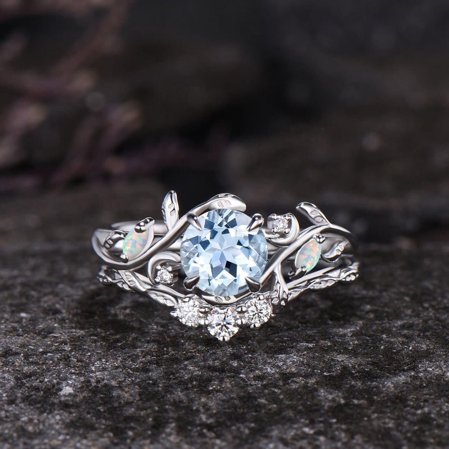 Unique Round Cut Natural Aquamarine Engagement Ring Set Art Deco Leaf Nature Inspired Ring Set 14k Rose Gold Opal Moissanite Moon Ring Women
