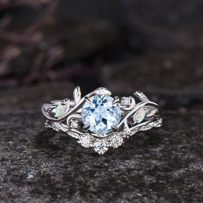 Unique Round Cut Natural Aquamarine Engagement Ring Set Art Deco Leaf Nature Inspired Ring Set 14k Rose Gold Opal Moissanite Moon Ring Women