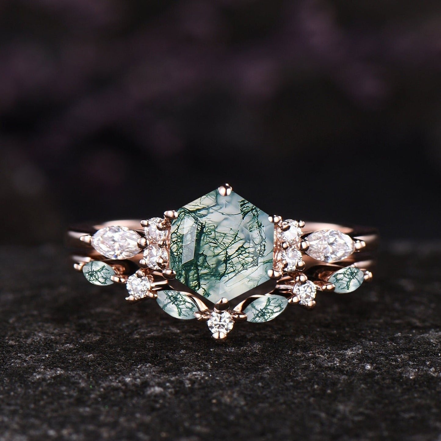 Unique Hexagon Cut Green Moss Agate Engagement Ring Set Vintage 14k Rose Gold Sterling Silver Moissanite Ring Art Deco 2pcs Bridal Ring Set