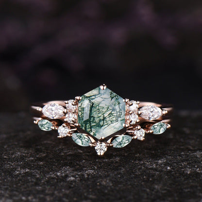 Unique Hexagon Cut Green Moss Agate Engagement Ring Set Vintage 14k Rose Gold Sterling Silver Moissanite Ring Art Deco 2pcs Bridal Ring Set