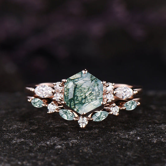Unique Hexagon Cut Green Moss Agate Engagement Ring Set Vintage 14k Rose Gold Sterling Silver Moissanite Ring Art Deco 2pcs Bridal Ring Set