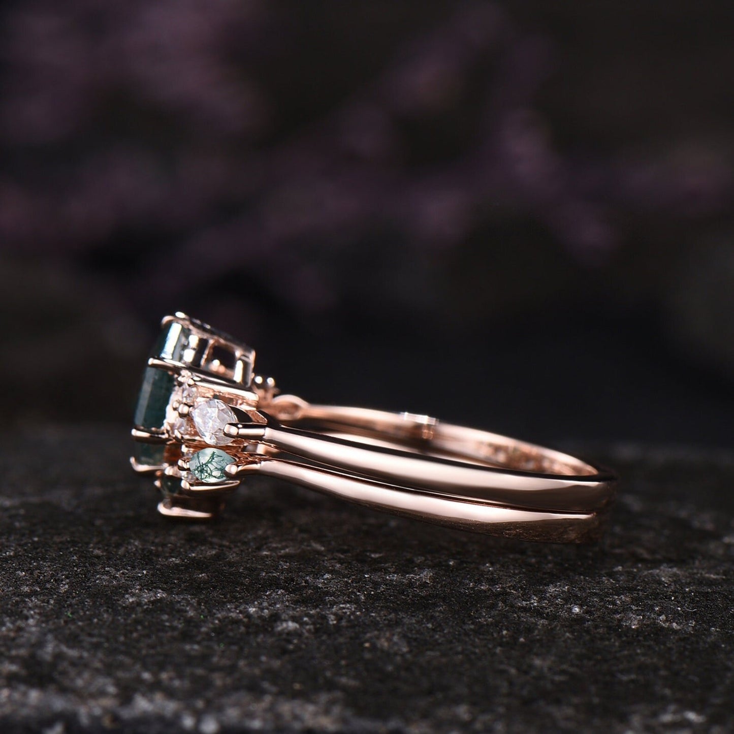 Unique Hexagon Cut Green Moss Agate Engagement Ring Set Vintage 14k Rose Gold Sterling Silver Moissanite Ring Art Deco 2pcs Bridal Ring Set