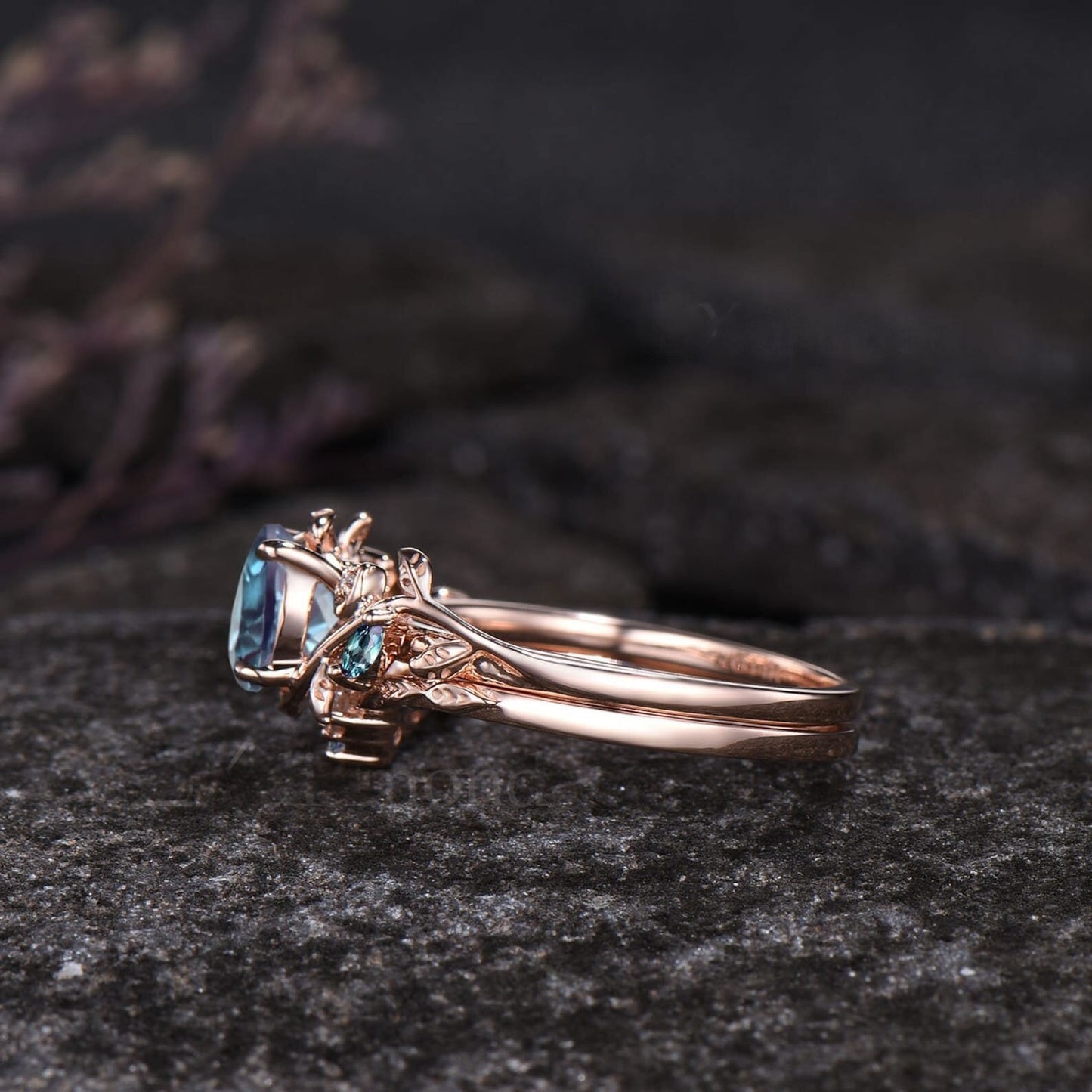 Leaf Nature Inspired Ring Unique Round Cut June Birthstone Alexandrite Engagement Ring Set Moissanite Moon Three Stone 2pcs Bridal Ring Set
