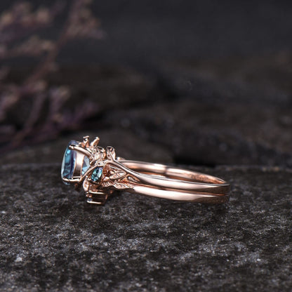 Leaf Nature Inspired Ring Unique Round Cut June Birthstone Alexandrite Engagement Ring Set Moissanite Moon Three Stone 2pcs Bridal Ring Set