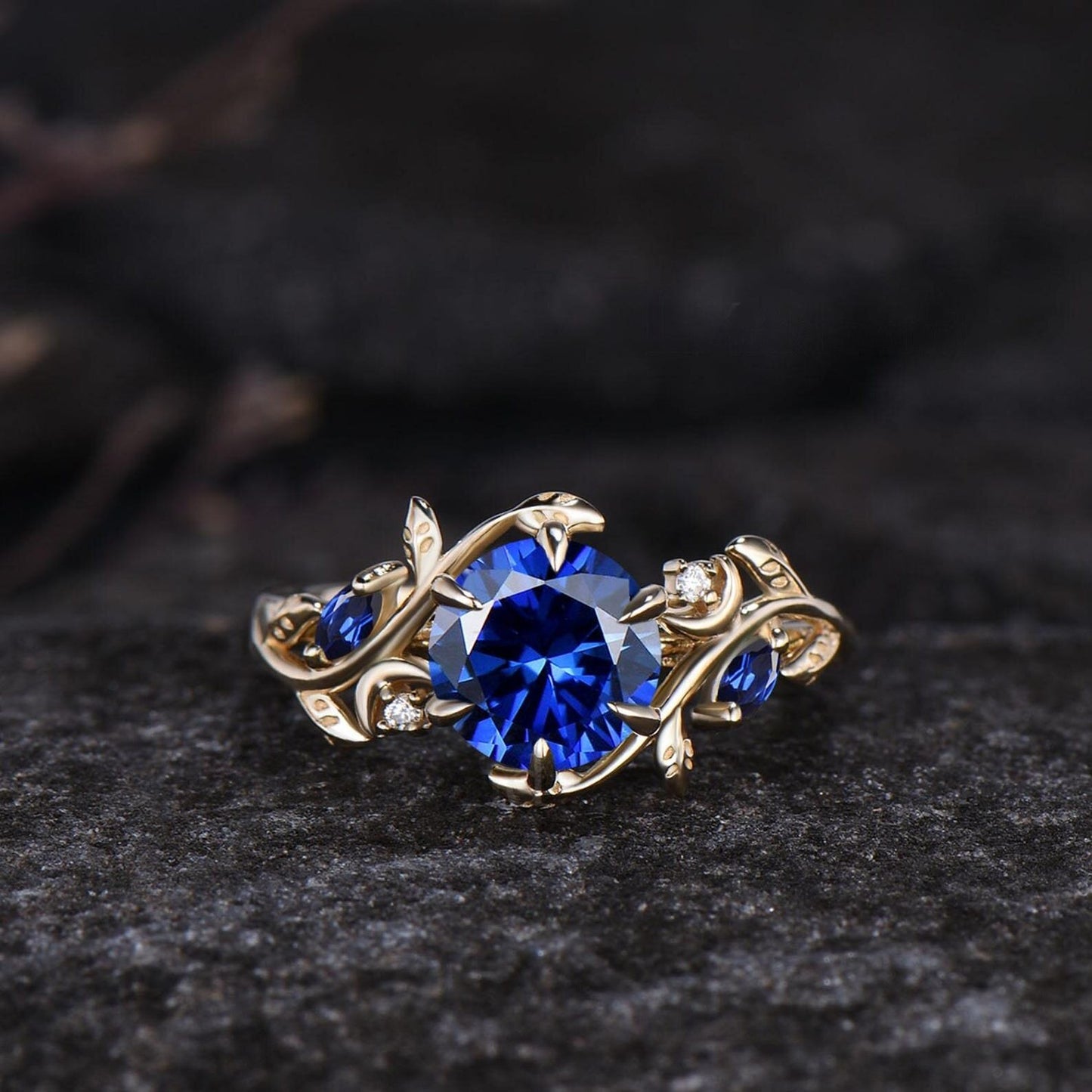 Round Cut Blue Sapphire Engagement Ring Set Unique Leaf Nature Inspired Ring Moon Ring Art Deco September Birthstone Bridal Ring