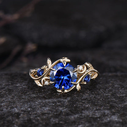 Round Cut Blue Sapphire Engagement Ring Set Unique Leaf Nature Inspired Ring Moon Ring Art Deco September Birthstone Bridal Ring
