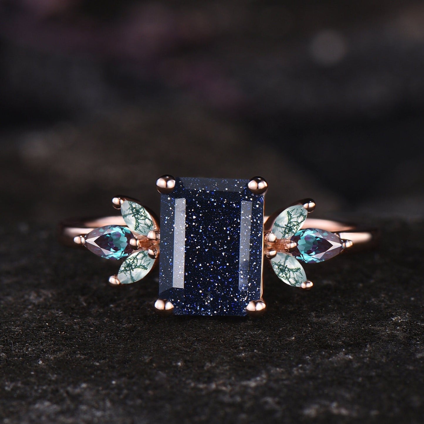 Unique Galaxy Healing Oval Cut Blue Sandstone Engagement Ring Moss Agate Wedding Ring Vintage 14k Rose Gold June Birthstone Alexandrite Ring
