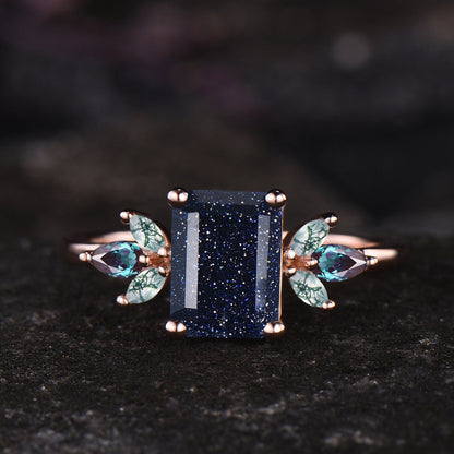 Unique Galaxy Healing Oval Cut Blue Sandstone Engagement Ring Moss Agate Wedding Ring Vintage 14k Rose Gold June Birthstone Alexandrite Ring