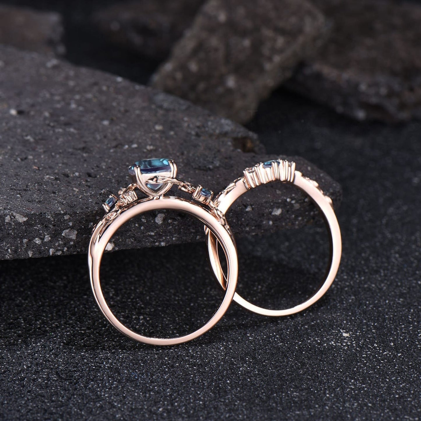 Leaf Nature Inspired Ring Unique Round Cut June Birthstone Alexandrite Engagement Ring Set Moissanite Moon Three Stone 2pcs Bridal Ring Set