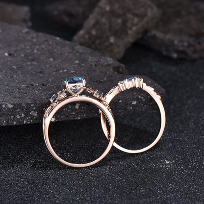 Leaf Nature Inspired Ring Unique Round Cut June Birthstone Alexandrite Engagement Ring Set Moissanite Moon Three Stone 2pcs Bridal Ring Set