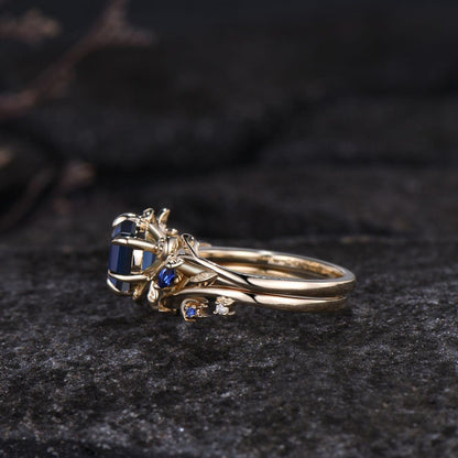 Round Cut Blue Sapphire Engagement Ring Set Unique Leaf Nature Inspired Ring Moon Ring Art Deco September Birthstone Bridal Ring