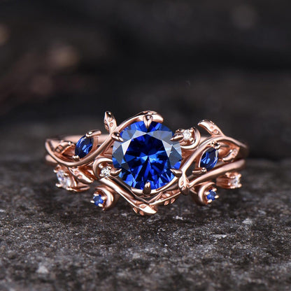 Round Cut Blue Sapphire Engagement Ring Set Unique Leaf Nature Inspired Ring Moon Ring Art Deco September Birthstone Bridal Ring