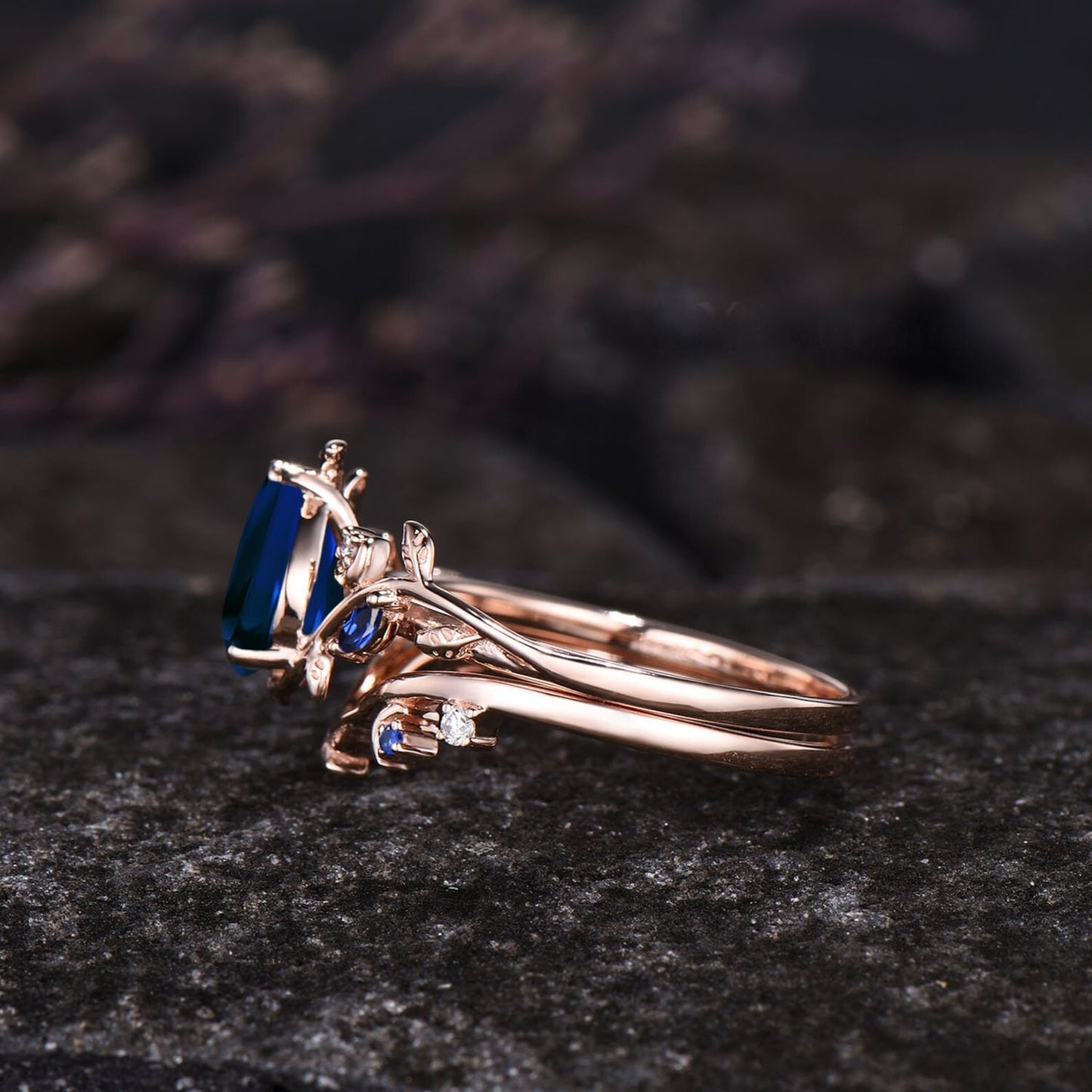 Unique Pear Cut Blue Sapphire Engagement Ring Set Delicate September Birthstone Blue Gemstone Ring Leaf Nature Inspired Ring Moon Ring Women