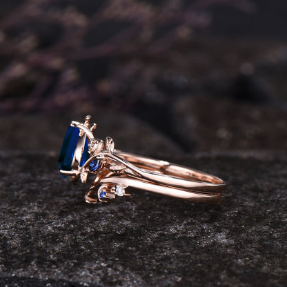 Unique Pear Cut Blue Sapphire Engagement Ring Set Delicate September Birthstone Blue Gemstone Ring Leaf Nature Inspired Ring Moon Ring Women