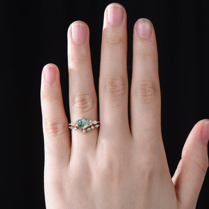 Unique Hexagon Cut Green Moss Agate Engagement Ring Set Vintage 14k Rose Gold Sterling Silver Moissanite Ring Art Deco 2pcs Bridal Ring Set