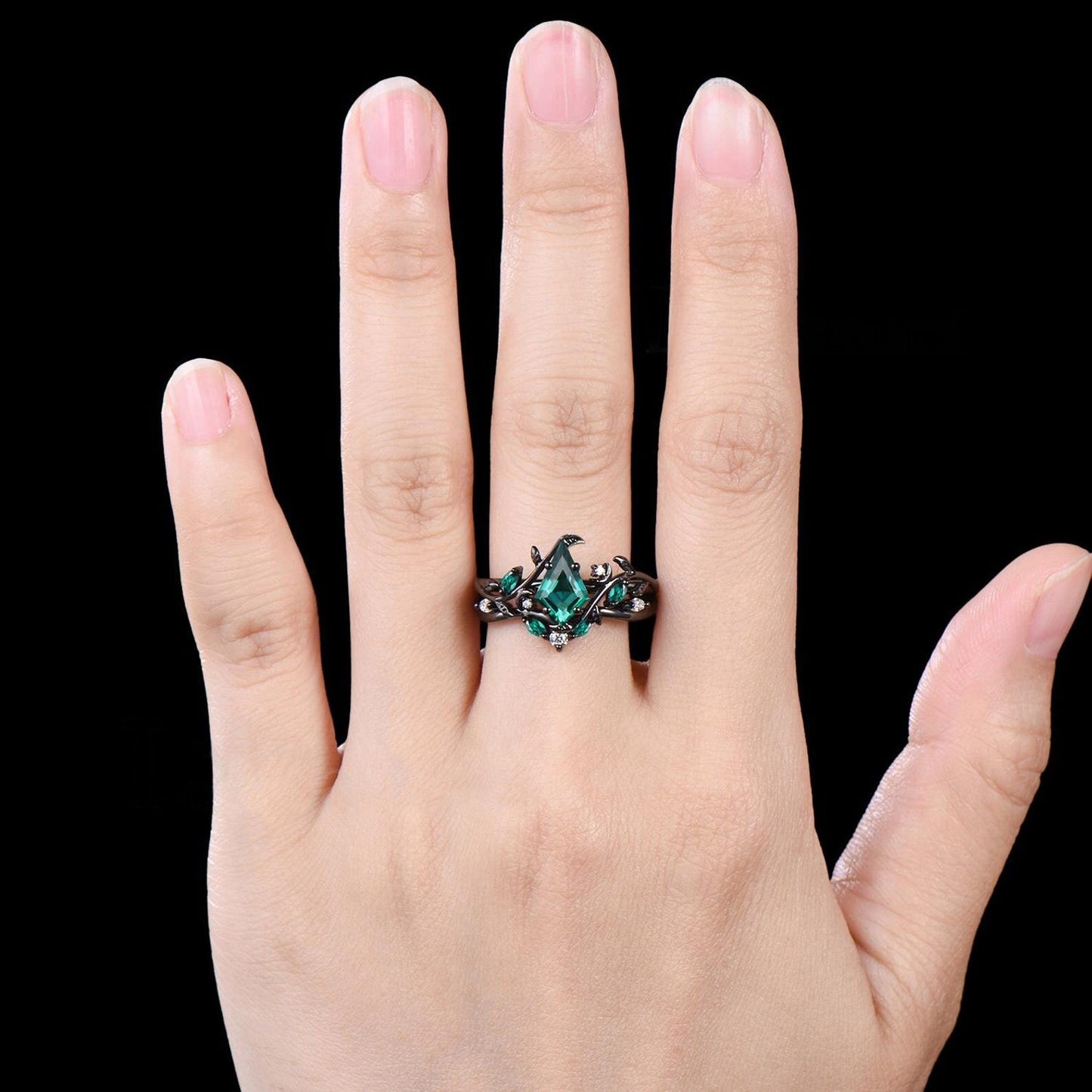 Unique Kite Cut Emerald Engagement Ring Set Art Deco Moon Ring Leaf Nature Inspired Ring 14k Black Gold May Birthstone 2pcs Bridal Ring Set