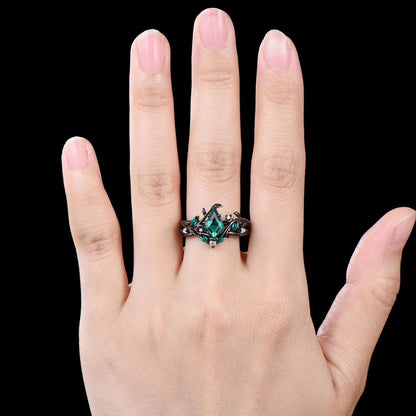 Unique Kite Cut Emerald Engagement Ring Set Art Deco Moon Ring Leaf Nature Inspired Ring 14k Black Gold May Birthstone 2pcs Bridal Ring Set