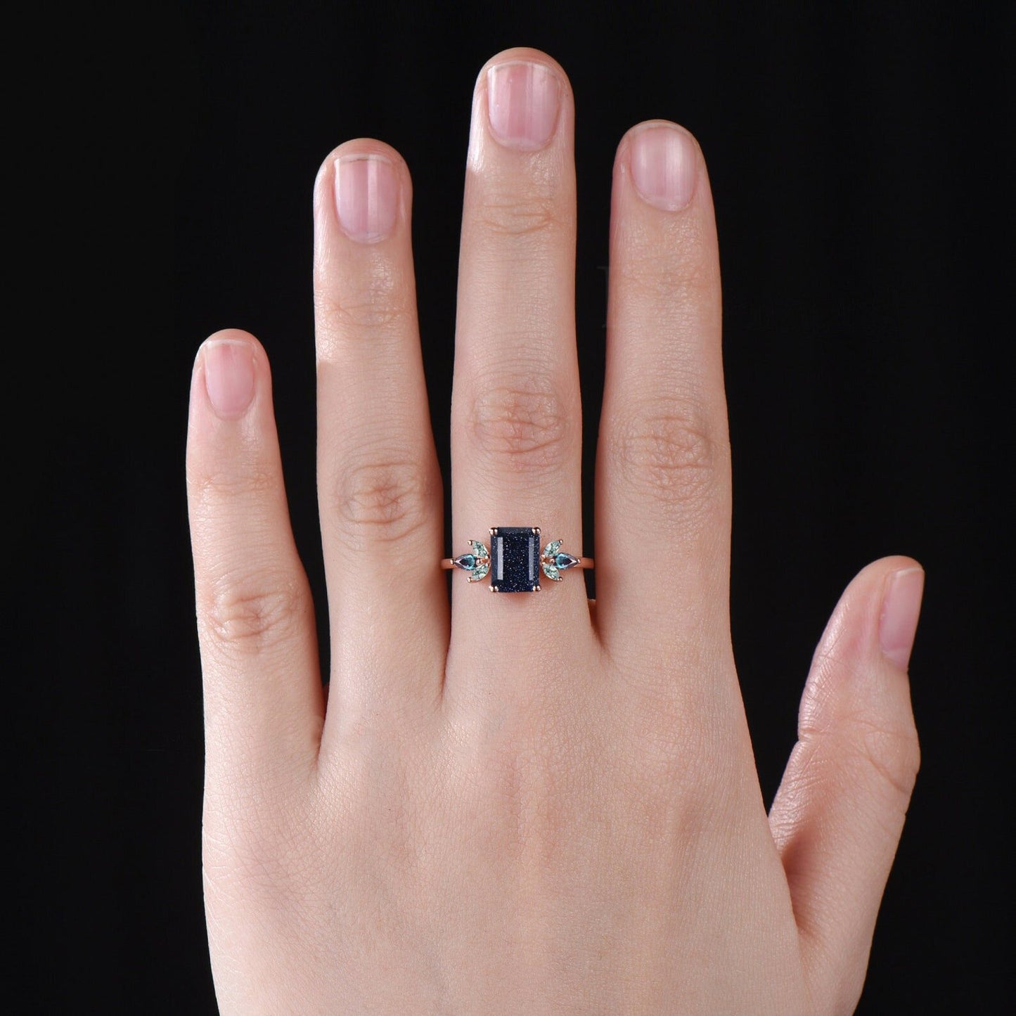 Unique Galaxy Healing Oval Cut Blue Sandstone Engagement Ring Moss Agate Wedding Ring Vintage 14k Rose Gold June Birthstone Alexandrite Ring