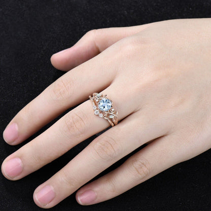 Unique Round Cut Natural Aquamarine Engagement Ring Set Art Deco Leaf Nature Inspired Ring Set 14k Rose Gold Opal Moissanite Moon Ring Women