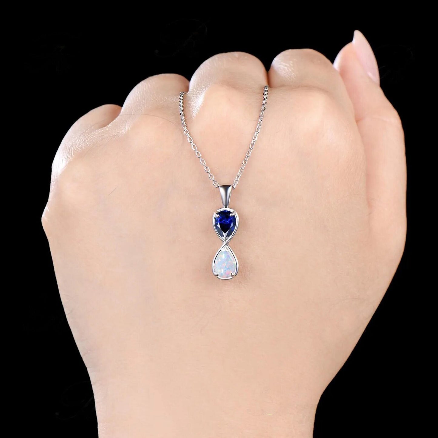 Unique Pear Cut Blue Sapphire Necklace Minimalist Teardrop Opal Necklace Art Deco Two Stone Pendant Toi et Moi Necklace